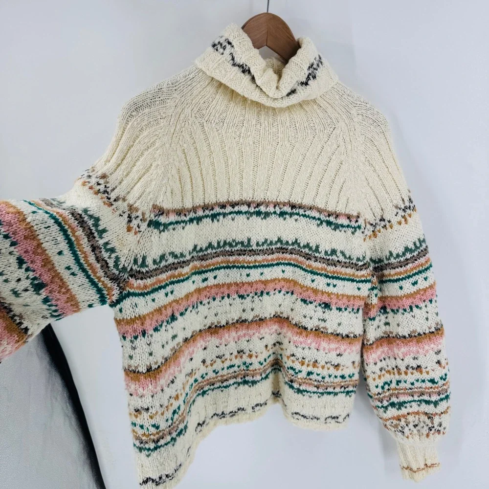 Pilcro Anthropologie Chunky Knit Fair Isle‎ Turtleneck Cream Size L Cozy Cottage